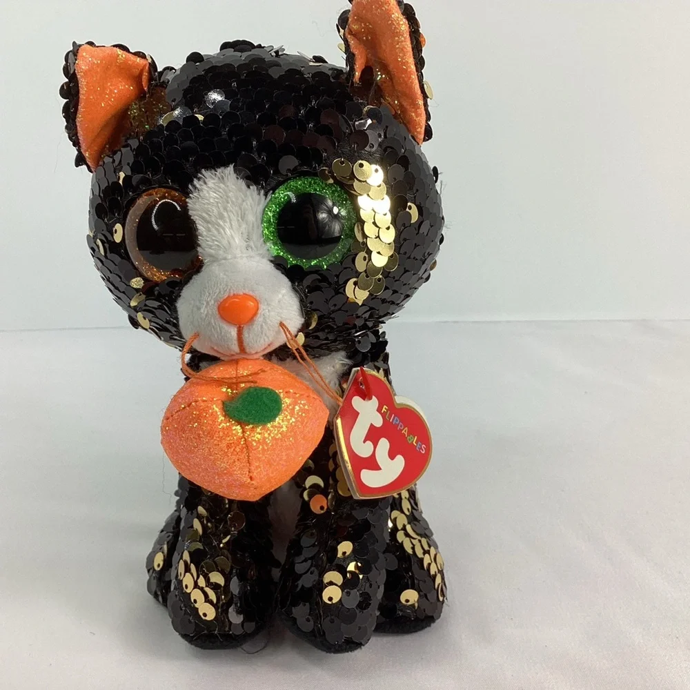 Ty Flippables Plush Jinx Black Cat Pumpkin 6” Halloween Sequins Stuffed Animal - Picture 1 of 11